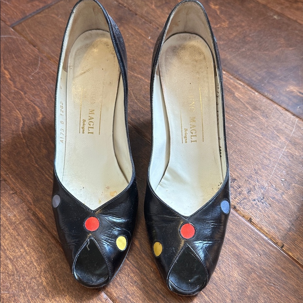 Bruno Magli Black Leather Peep Toe Heels with Colorful Dots